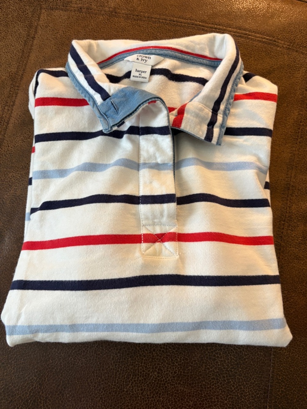 crown & ivy White Polo with Navy, Light Blue and Red Stripes